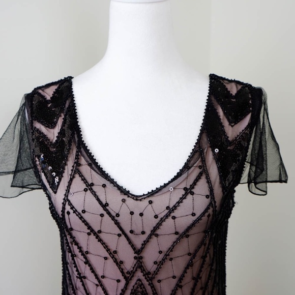 Blush Pink Dress With Beaded Black Mesh Overlay Style NWOT Size Large - Picture 2 of 5